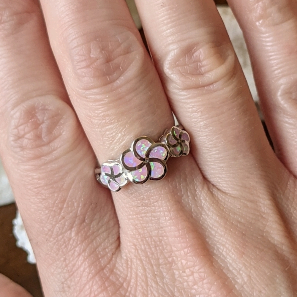 Sterling silver plumeria flower pink lab opal ring
